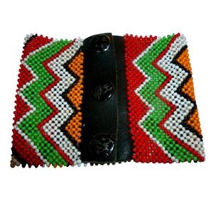 Handmade Beaded Leather Cuff Bracelet Multi Color Chevron Seed Bead Snap Wide